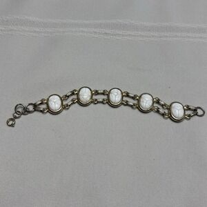 vintage white scarab bracelet 7 x 3/4 spring ring  Egyptian bug